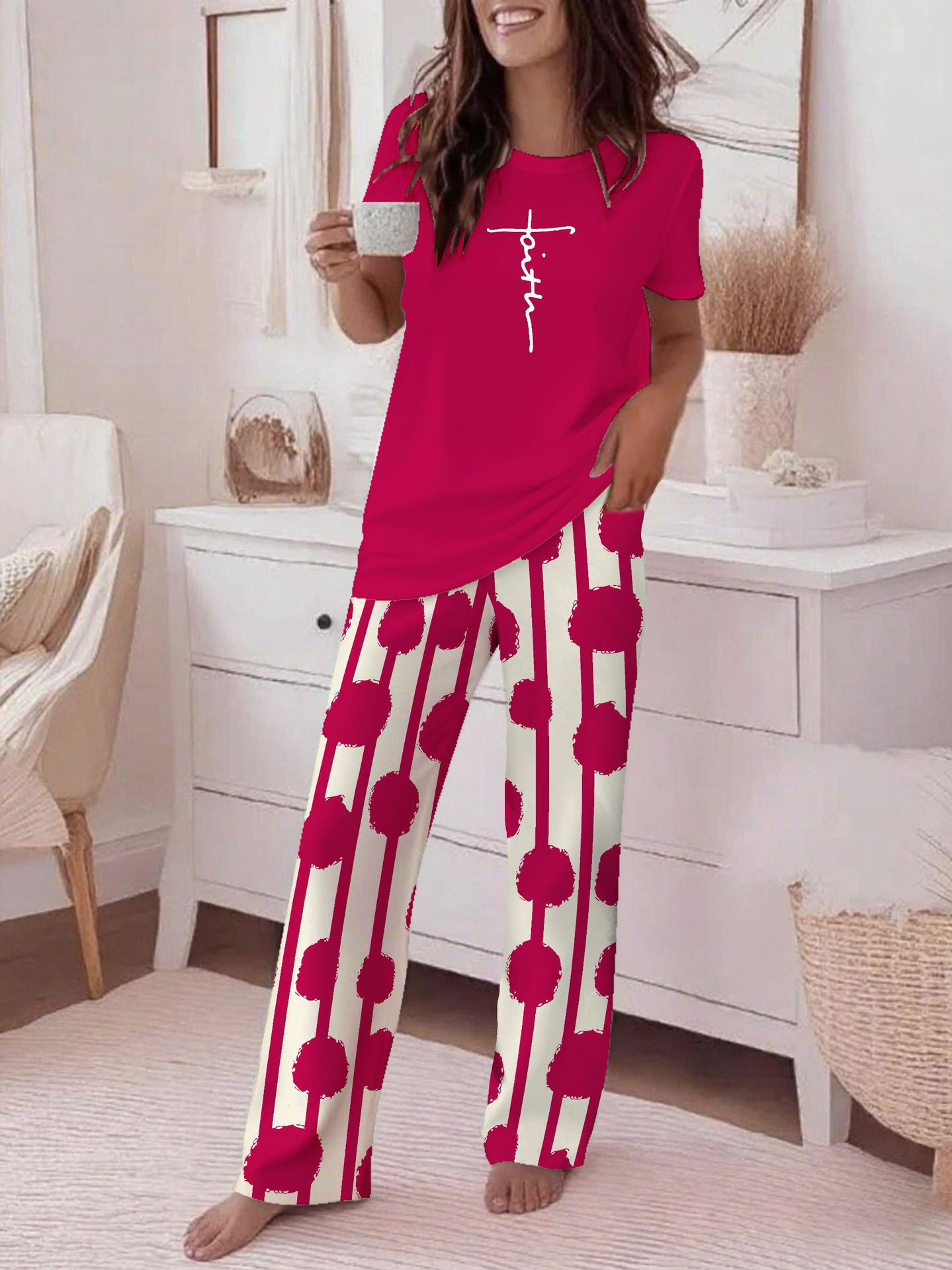 Casual Striped Print Two-Piece Set | Crew Neck Short Sleeve Top & Wide-Leg Pants Trouser Suit | Versatile Summer Loungewear & Streetwear Set for Women