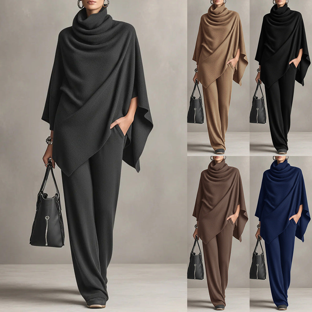 Women’s Cloak-Style Cape Top and Wide-Leg Pants Set | Elegant 2-Piece Formal Suite | Sophisticated Cape Sleeve Evening Outfit | Modern High-Sense Party Co-ord Set | 2026 Luxury Occasion Wear